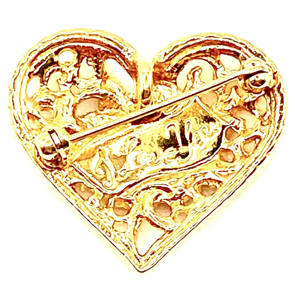 Broche Prendedor Floral Flor Corazón Esmalte Tono Dorado Firmado De Colección “I Love You” V Foto 2 de 4