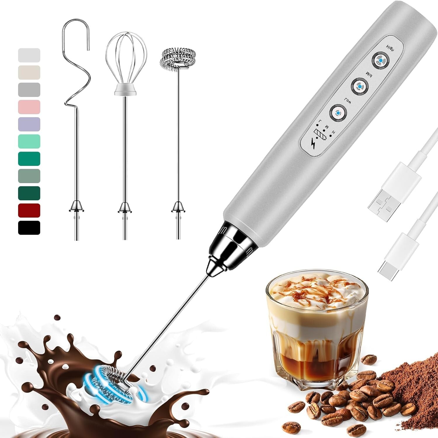 Milk Frother Handheld Double Whisk Foam Coffee Maker USB Rechargeable Electric-image