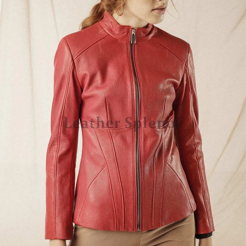 Vera Pelle Donna Maniche Lunghe con Pannelli Pelle Giacca pelle Rossa Giacca