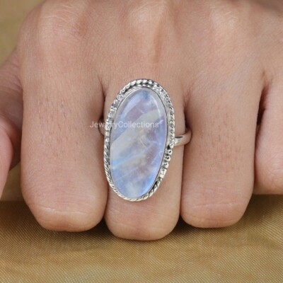 Rainbow Moonstone Ring 925 Sterling Silver Ring Women Handmade Jewelry B336