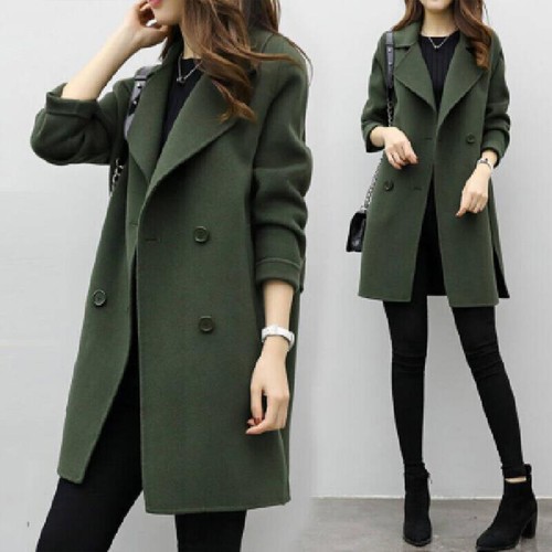 Women Warm Lapel Wool Trench Long Coat Jacket Winter Solid Overcoat Outwear New - Picture 5 of 14
