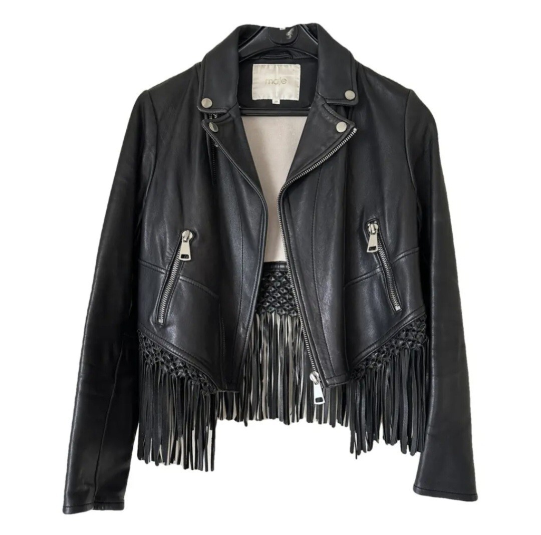 Maje Black Fringed Leather Jacket Sz 36/small Moto Boho Chic Maje Black Fringed Leather Jacket Sz 36/small Moto Boho Chic