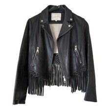 Maje Black Fringed Leather Moto Western Jacket Size 36/small 2024 Trend $650