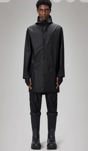 $125 RAINS Men’s Size Large Black Long Jacket W3 Hooded Raincoat