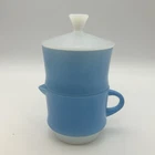 Vintage Fire-King Blue Mosaic Sugar Bowl & Creamer Set w/Lid Milk Glass