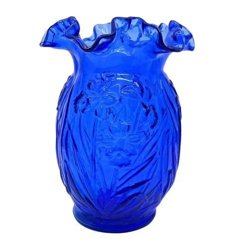Vintage Fenton Art Glass Cobalt Blue Daffodil Ruffled Floral Vase 8” Pre-logo