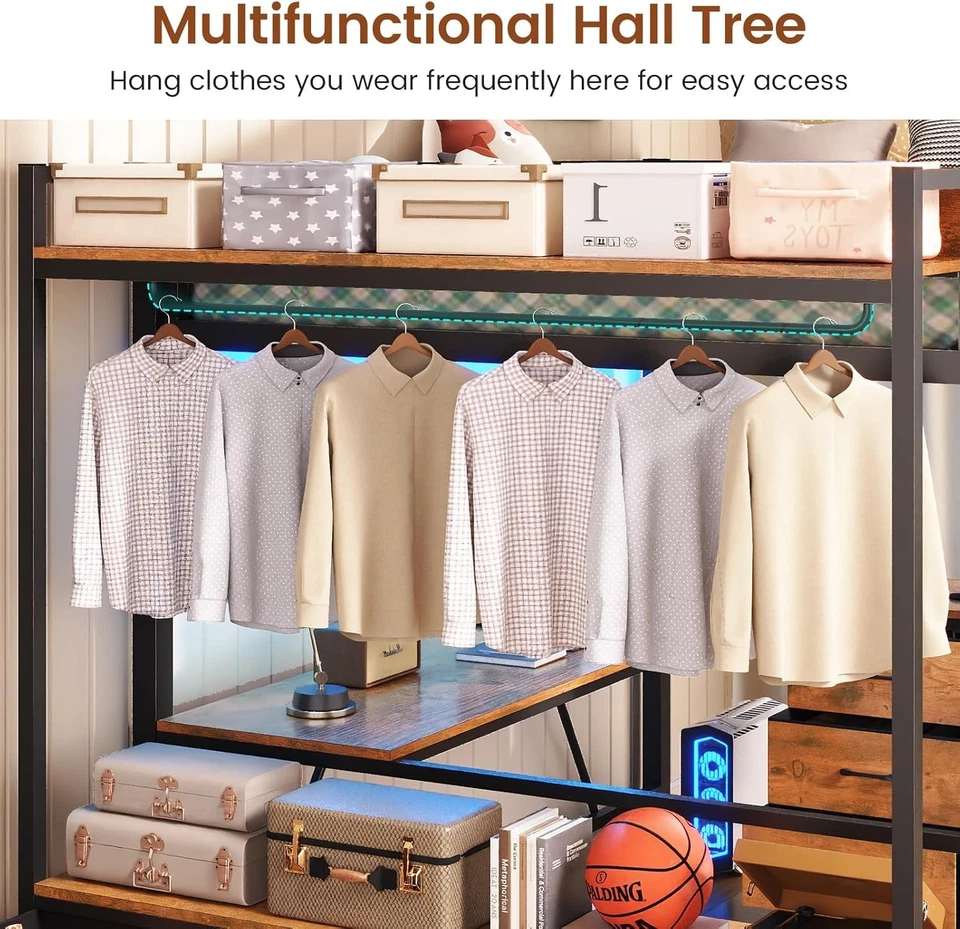 Cama tipo loft doble con escritorio en forma de L y 8 cajones, cama tipo loft de metal para niños con luces LED Foto 4 de 4