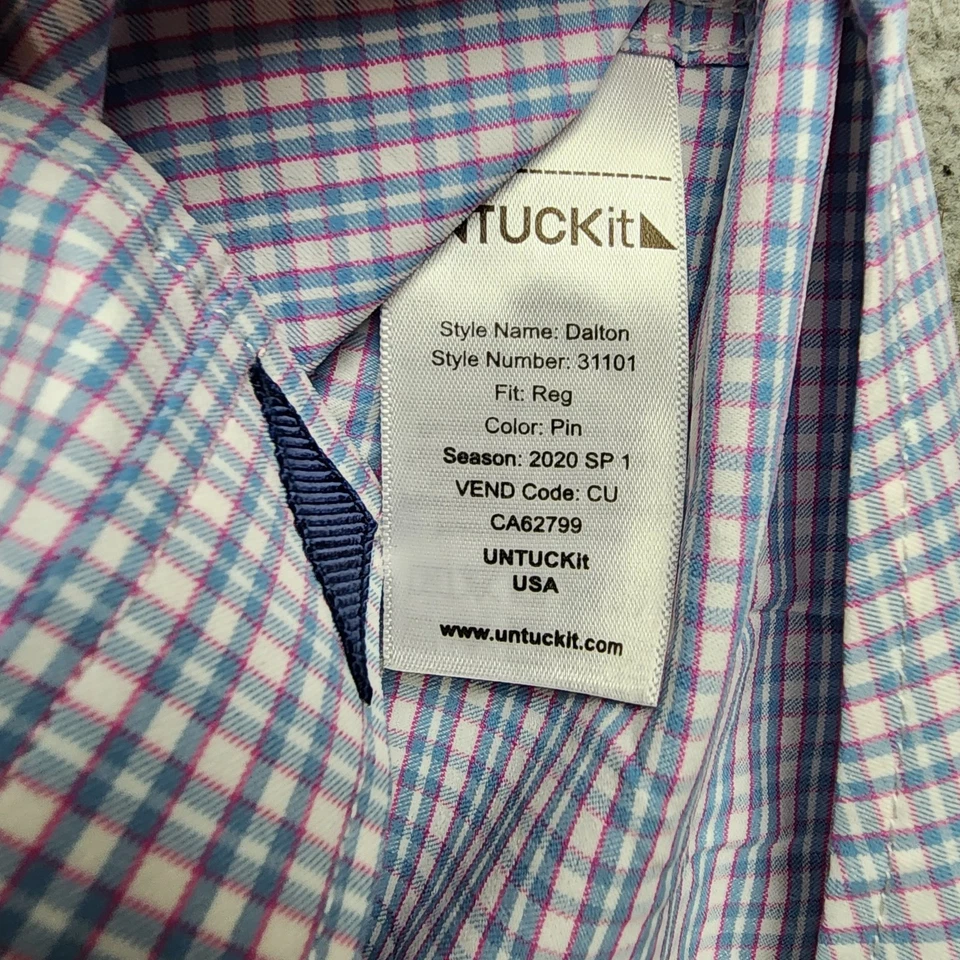 Camisa masculina Untuckit grande azul rosa xadrez Dalton manga longa botão para cima casual - Imagem 3 de 4