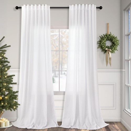 Solid White Curtains 96 Inches Long for Living Room 2 Panel Set Back Tab Pock...