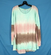 UMGEE Thin SLUB KNIT Brown/Teal TIE DYE Round Neck BLOUSE/TUNIC TOP Sz M