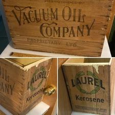 ORIGINAL VINTAGE or ANTIQUE VACUUM OIL COMPANY LAUREL KEROSENE WOODEN CRATE BOX
