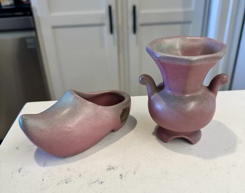 Vintage Niloak Pottery Shoe Vase & Handled Vase Set Pink Satin Art Pottery USA