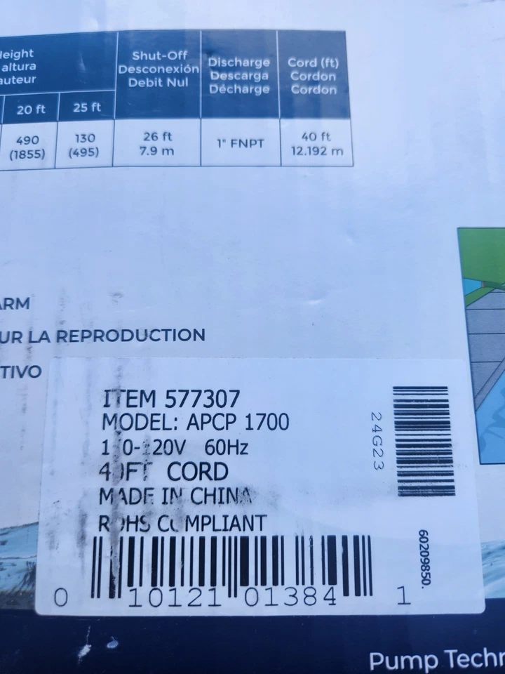 automatic pool covers  APCP-1700 Swimming Pool Water Pump 1/3 hp 40' hose New - Image 2 of 2