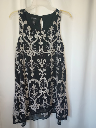 Alfani 2X Embroidered Artsy Sleeveless Top Black White Flowy Keyhole Whimsigoth