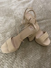 D Beige Strappy Block Heel Sandals Women Ankle Strap Buckle Synthetic Casual