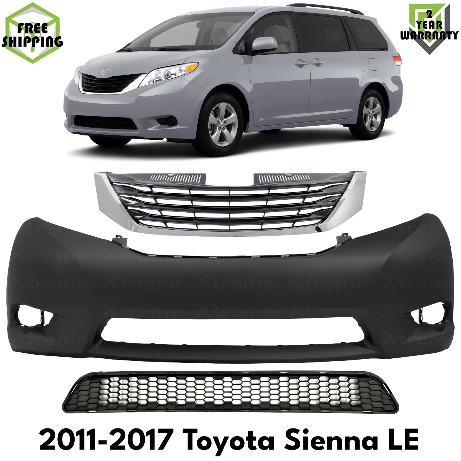 Front Bumper Cover Primed Plastic & Grille Assembly For 11-17 Toyota Sienna LE