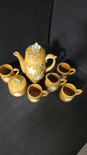 Vintage Japan Blumen Keramik Kaffee Tee Set 7 Teile geprägt Kanne Zucker Milchkännchen Tassen - Bild 5 von 7