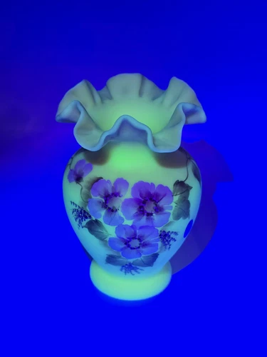 Fenton Uranium Burmese Satin Floral Hand Painted Vase Special EUC