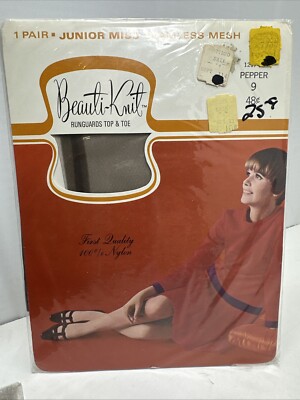 Beautiful-Knit Seamless Mesh Stockings Junior Miss 9 Pepper 1 Pairs Vintage