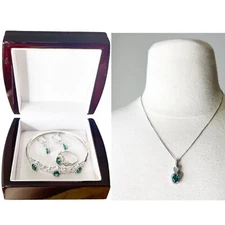 BR Sun Jewelry Set Emerald Green CZ Silver Necklace Ring Earrings Bracelet Glam
