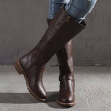 Women Zip Up Wide Calf Shoes Low Heel Knee High Horse Riding Boots Winter