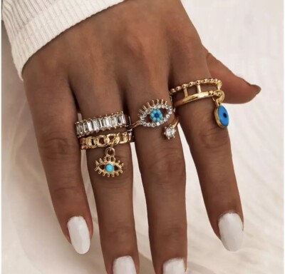  4er Set Nazar Boncuk/Evil Eye Ringset Statement  Vergoldet Neu 