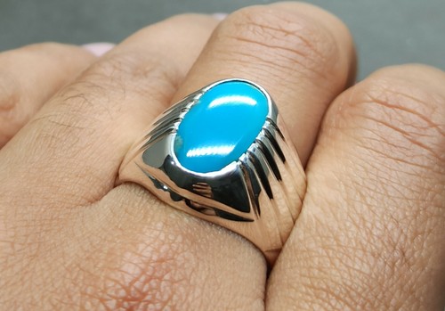 Anello Uomo Naturale 6 Ct Neshapuri Feroza Argento Sterling 925 Turchese Fatto a Mano - Foto 6 di 12