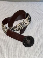 Chicos Brown Leather Belt M Beaded Aztec Calendar Round Buckle 2" Wide Exc