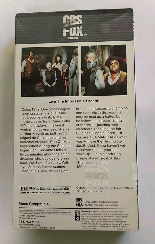 Man Of La Mancha VHS SEALED Watermarks CBS Fox NO BARCODE Peter O'Toole VTG  - Image 4 of 4