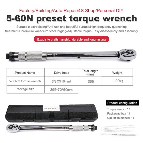 5-60N.m Precise Torque Wrench Reversible Ratchet Key 3/8 Inch Adjustable Square - Picture 6 of 26