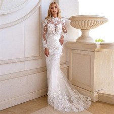 Mermaid Wedding Dress Long Sleeves High Neck 3d Flower Lace Applique Bridal Gown