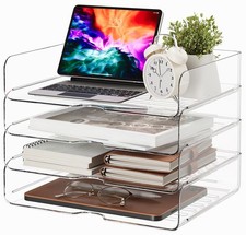 4 Tier Large Capacity Desk Organizer, Clear Stackable Paper Tray