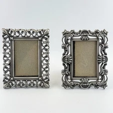 Set 2 Vintage Pewter Mini Picture Frames – Ornate Baroque Scroll MCM Decor