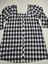 Mudpie Black & White Buffalo Plaid Dress L Puff Sleeves Square Neck Rockabilly