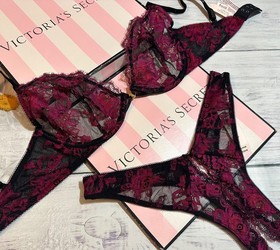 Victoria's Secret Bra Set Rose Unlined Low-Cut Demi Garter Cut Out Thong Set