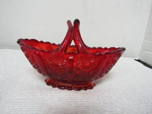 Vintage Fenton Colonial Red Daisy & Button Split Handle Basket