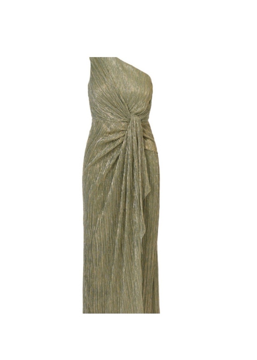 adrianna papell green and gold dress Light Green Foil Printed Asymmetric Gown With Ruffled Detail