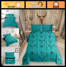 Turquoise Western Twin Comforter Set - Southwestern Aztec Cow Skull Bedding, Boh