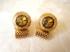 Vintage Gold Tone Mesh Wrap Around Cufflinks With Rivoli Rhinestone KJ