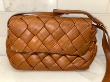 Dune London Dempsey Tan Woven Leather Crossbody Bag Gold Hardware Flap Purse