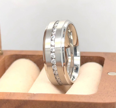 Couple Ring Gift Silver Titanium Engraved Band White CZ Center Beautiful Ring