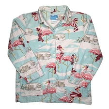 Nick & Nora Pajama Shirt Womens Large Aqua Flamingo Camper Holiday Cotton Print
