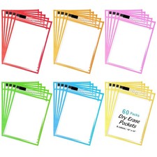 60 PCS Dry Erase Pockets 10x14 Inch 6 Assorted Colors Job Ticket Holder Sleeves