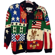 The Eagle's Eye Vintage Sweater Size Small Hand Knit Patriotic Cardigan Cottage