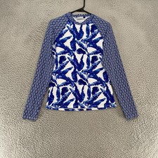 Cabana Life Rash Guard Swim Shirt Womens Medium Blue Leaf Long Sleeve Tropical
