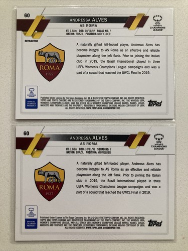 2022-23 Topps Chrome UEFA Women’s Andressa Alves RC (2) Refractor & 60 AS Roma - Picture 2 of 2