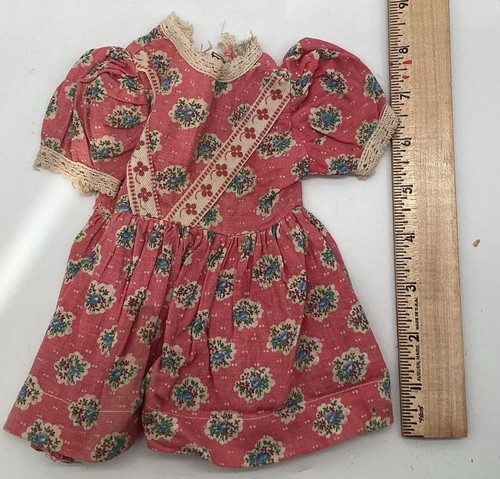 Antique Pink Doll Clothes Printed Dress, Floral Pattern Coat Hand Made 2 Pieces - Picture 2 of 15