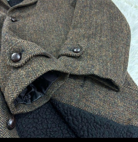 Harris Tweed x Octopus Army Wool Herringbone Boa Coat Brown Mix L From JPN Used - Picture 9 of 12