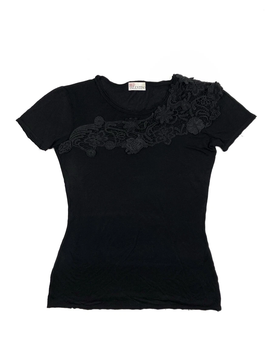 Red Valentino black t shirt with semi transparent lace and flowers
