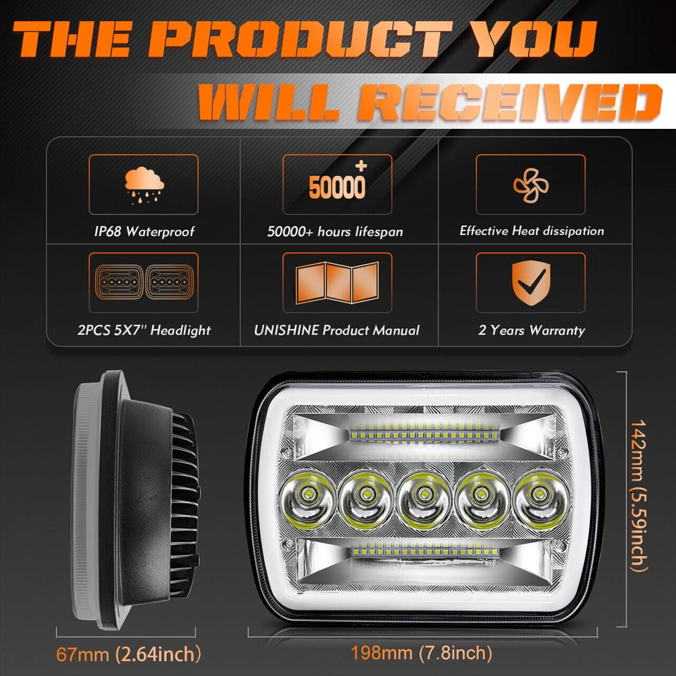 Fit GMC C1500 C2500 C3500 79-86 Chrome 7x6" LED Headlight Hi-Lo DRL Turn Signal - Image 3 of 4